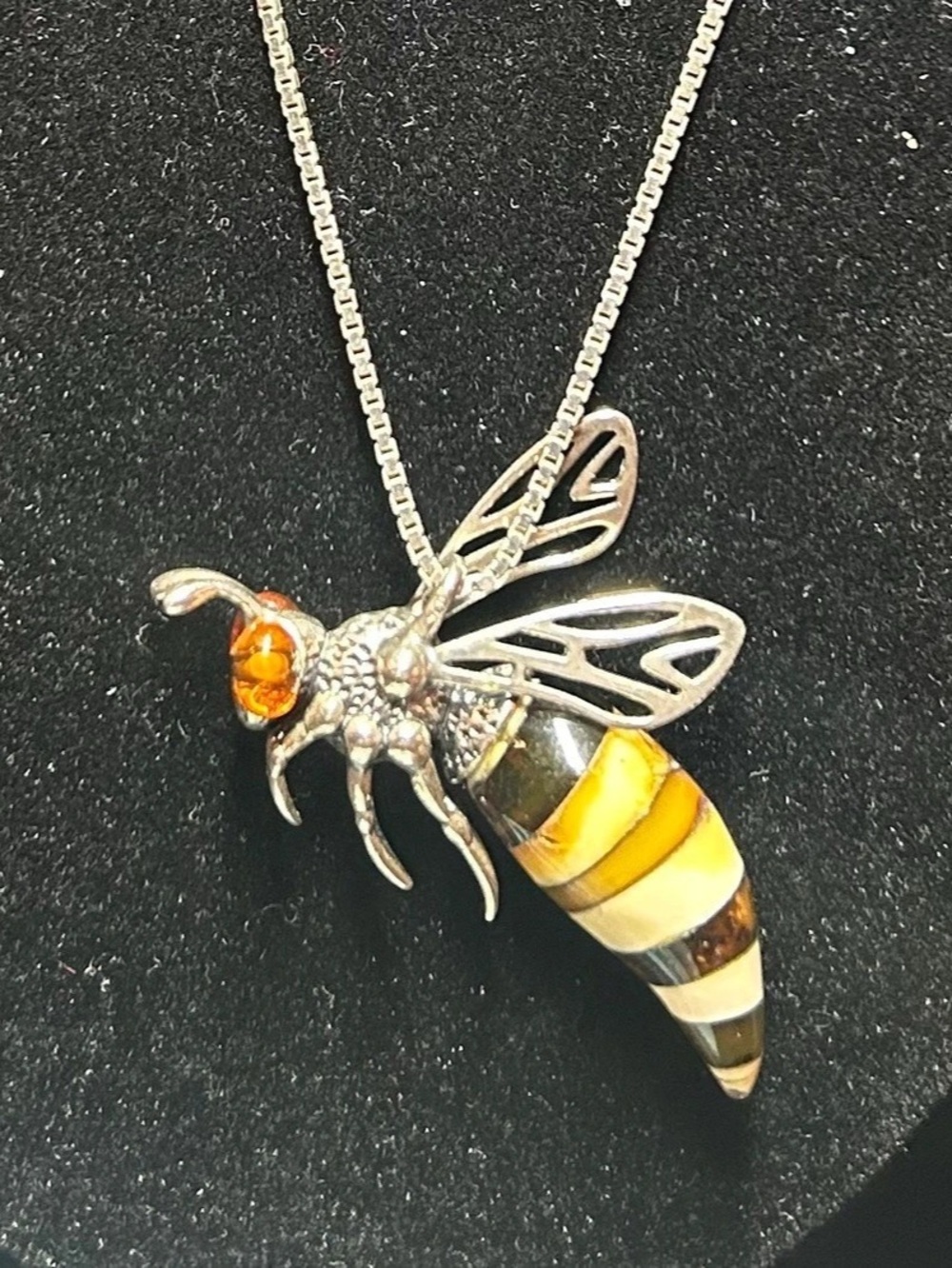 925 Sterling Silver/Amber Bee Pendant Banded Stone 18" Italy Chain Set 103.4g